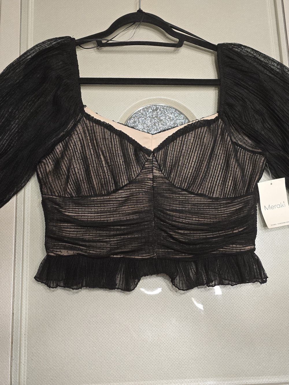 meraki Black Sheer Puff-Sleeve Sweetheart Crop Top